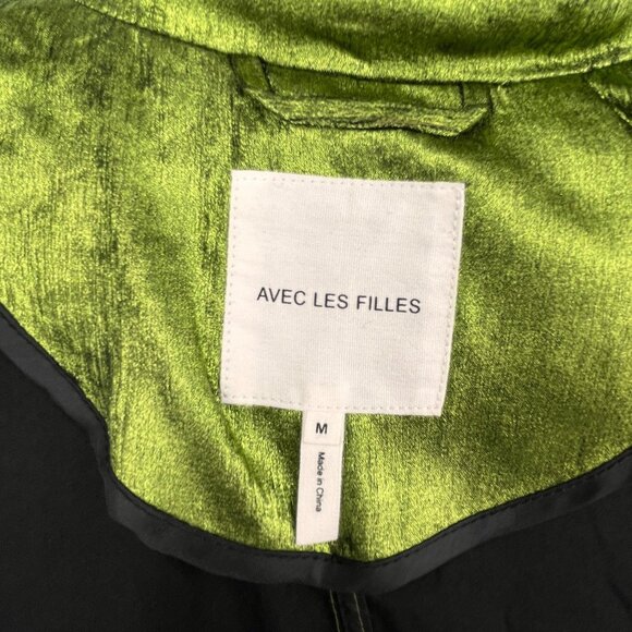 Avec Les Filles Trench Coat Size M Green Crinkle Satin Double Breasted-Flawed - Picture 12 of 15